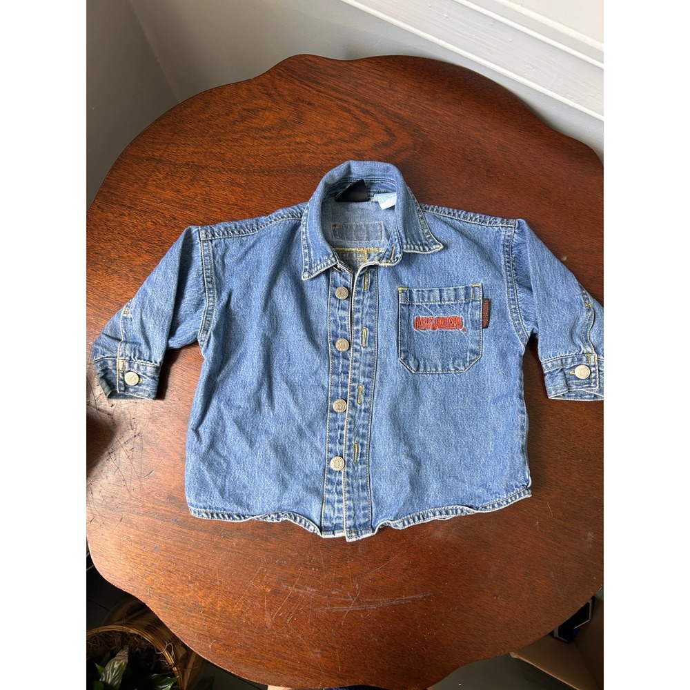Harley-Davidson Toddler Denim Button Up Shirt Blue 18M Logo Biker Long Sleeve